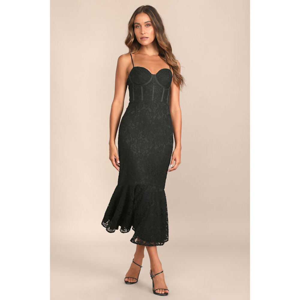 Lulus Found Your Love Black Lace Sleeveless Trumpet Midi Dress - Size M